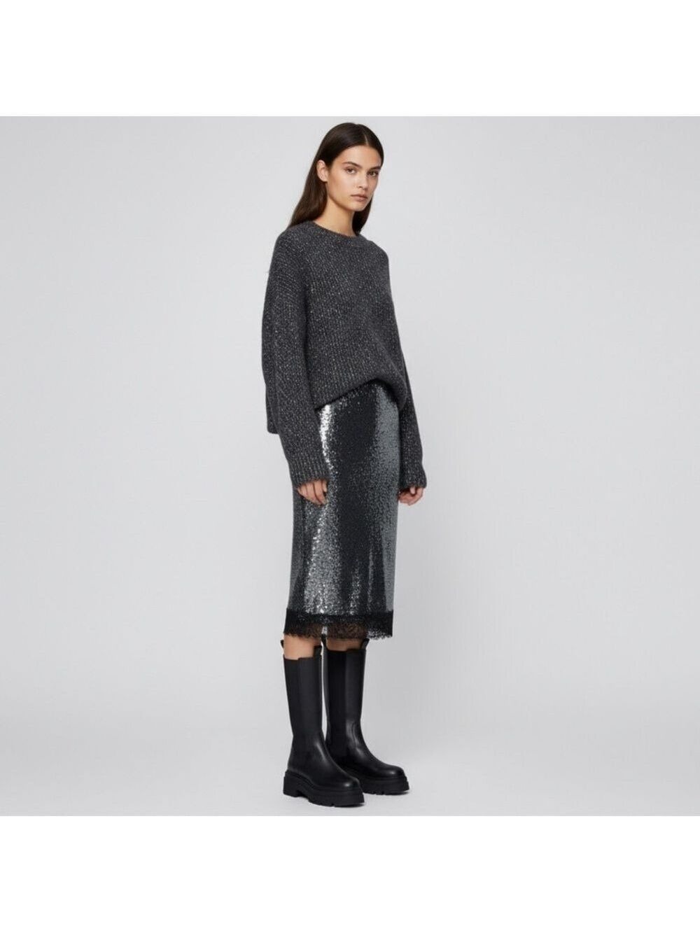 New Zara party maximalist luxury sequin skirt with lace trim Fairy Grunge Sz M